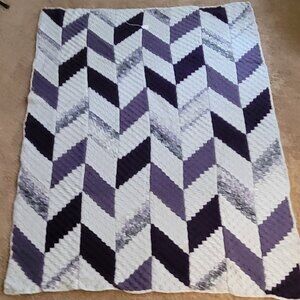 New, hand made, geometric soft acrylic afghan blanket throw in purple and gray